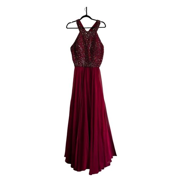 Sherri Hill Beaded Halter Back Fit & Flare Burgundy Ball Gown – Size 18 - Picture 3 of 13
